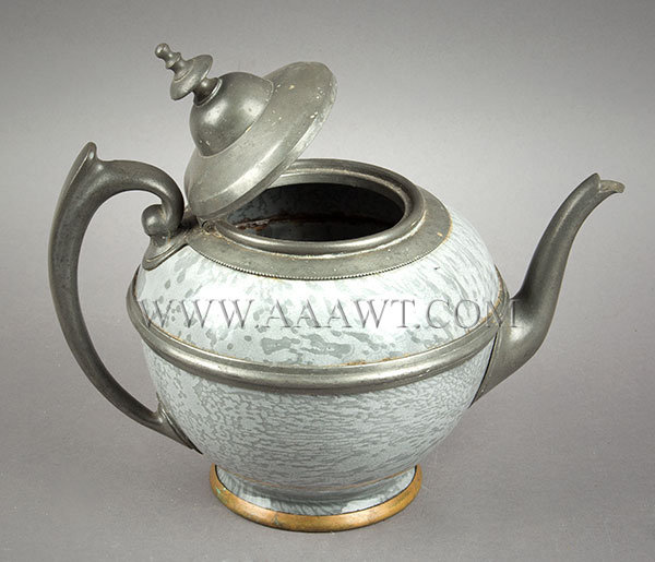 Graniteware, Teapot, Kettle, Britannia Mounted, Copper Foot, Fine Condition
American, Bulbous Agate Gray Pot 
Circa 1870's to 1910, entire view